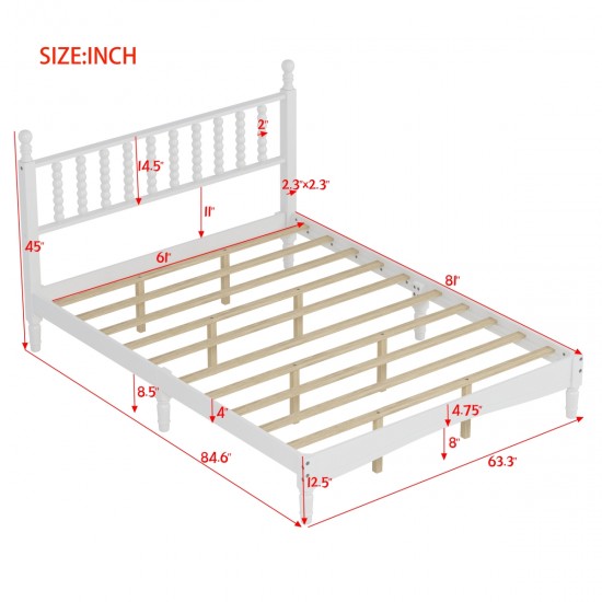 Queen Size Wood Platform Bed with Gourd Shaped Headboard,Retro Style Platform Bed with Wooden Slat Support,White