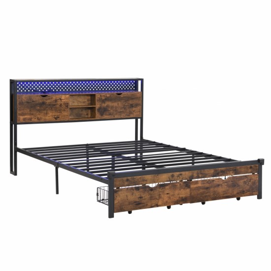 King Size Metal Platform Bed Frame with Wooden Headboard and with Footboard USB,Charging Station,2 Drawers,storage, LED Lights, No Box Spring Needed, Easy Assemble