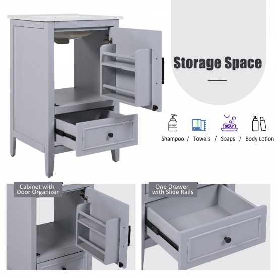 20 Inch  Bathroom Vanity with Sink, Bathroom Cabinet with A Door, Door Shelf Storage and Adiustable Foot Pads, A Drawer, Grey (Other Color: N725P192821B)