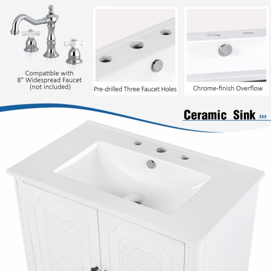 30 Inch  Bathroom Vanity with Sink Vintage Style, Multi-functional Storage Space, Door Shelf, Soft-closing Door, White