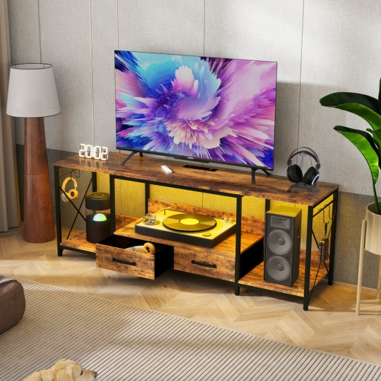 TV Stand with LED Lights Power Outlets  -  TV Stand with Fabric Drawers for 65 70 75 Inches TV - Entertainment Center and Industrial TV Console Table with Open Storage Shelves for Living Room, Bedroom