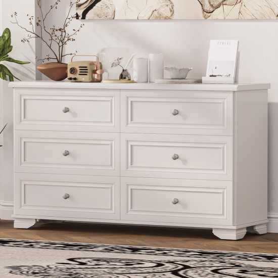 6 Drawers Elegant Design Wooden Dresser, Retro Style Storage Cabinet with Metal Handles for Bedroom, White