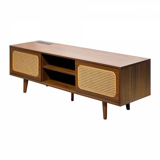 Mid Century Modern Rattan TV Stand for 55/60/65 inch TV , Entertainment Cabinet, Media Console for Living Room Bedroom Media Room, Solid Wood Feet & Rattan Cabinet Doors  (Walnut, 59 Inch )