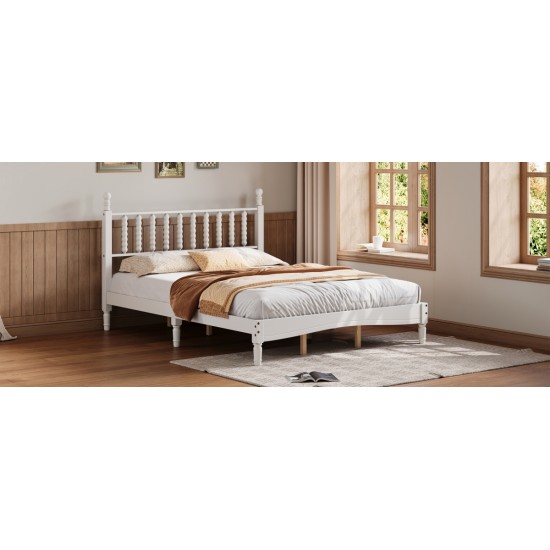 Queen Size Wood Platform Bed with Gourd Shaped Headboard,Retro Style Platform Bed with Wooden Slat Support,White