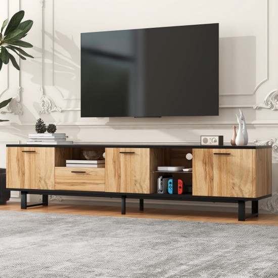 Modern TV Stand with 4 Cabinets& Open Shelves, Color-matching Media Console Table for TVs up to 80'', Entertainment Center with Drop Down Door for Living Room, Bedroom, Home Theatre