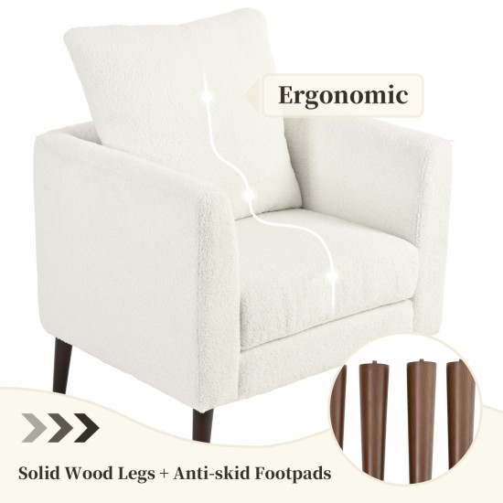 Teddy Fabric Accent Chair, Fabric Armchair Club Chair,Barrel Chair,Upholstered Arm Chair with Solid Wood Legs,Waist Pillow,Padded Single Chair for Living Room/Bedroom/Study/Waiting Room,White