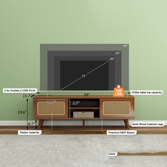 Mid Century Modern Rattan TV Stand for 55/60/65 inch TV , Entertainment Cabinet, Media Console for Living Room Bedroom Media Room, Solid Wood Feet & Rattan Cabinet Doors  (Walnut, 59 Inch )