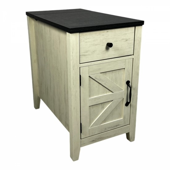 Farmhouse End Table Bedside Table with Charging Station,Night Stand with Barn Door and Drawer, Storage for Bedroom Living Room ,Bedside Table,  White+Black color