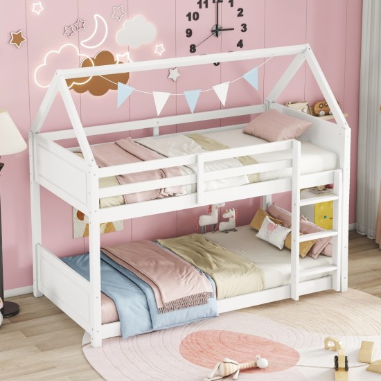 Twin Over Twin House Floor Bunk Bed with Headboards, Footboards and Guardrails, Ladder, Rubber Wood Bunk Bed with Safety Guardrails,White