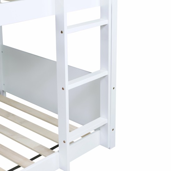 Twin Over Twin House Floor Bunk Bed with Headboards, Footboards and Guardrails, Ladder, Rubber Wood Bunk Bed with Safety Guardrails,White