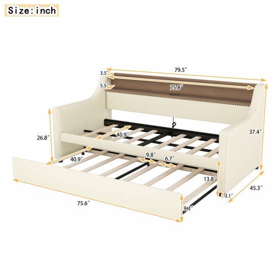 Twin Size Daybed with Trundle, Upholstered Daybed with Charging Station and LED Lights, White