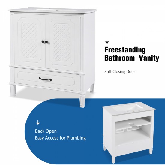 30 Inch  Bathroom Vanity with Sink Vintage Style, Multi-functional Storage Space, Door Shelf, Soft-closing Door, White