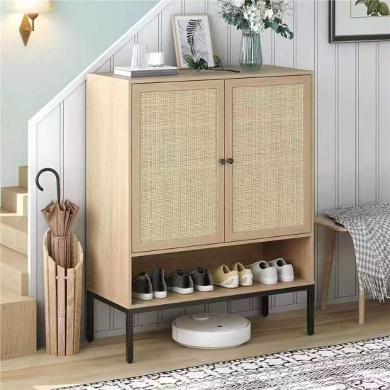 Rattan Shoe Cabinet with Adjustable Shelves, 5 Tier Shoe Storage Cabinet with Doors & Bottom Cubby, Wooden Shoes Rack Organizer for Entryway, Natural