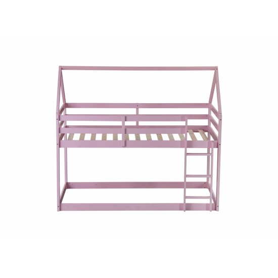 Twin over Twin Rubber Wood Floor Bunk Bed, with ladder,Guardrails,House-Shaped-Bunk Bed,Pink