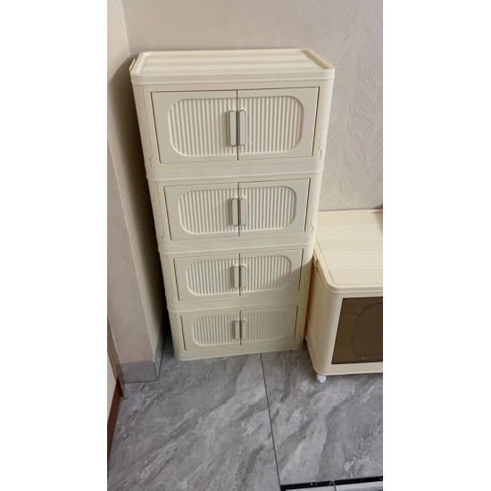 Cream White 19.69 Inch  Side Wide Folding Storage Cabinet ,3 Tiers,19.69 Inch ×11.81 Inch ×31.1 Inch ,Collapsible Storage Bins with Magnetic Door, Plastic Storage Cabinet with Wheels