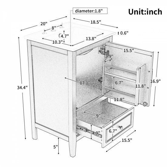 20 Inch  Bathroom Vanity with Sink, Bathroom Cabinet with A Door, Door Shelf Storage and Adiustable Foot Pads, A Drawer, Grey (Other Color: N725P192821B)