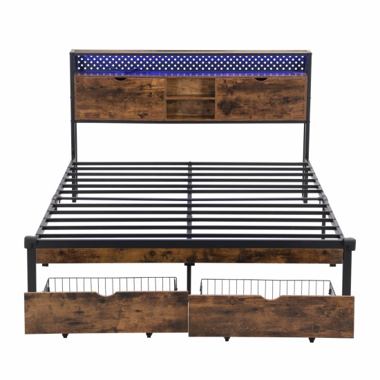 King Size Metal Platform Bed Frame with Wooden Headboard and with Footboard USB,Charging Station,2 Drawers,storage, LED Lights, No Box Spring Needed, Easy Assemble