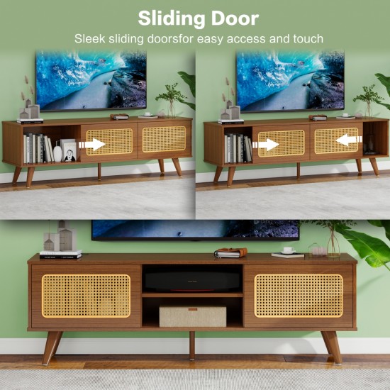 Mid Century Modern Rattan TV Stand for 55/60/65 inch TV , Entertainment Cabinet, Media Console for Living Room Bedroom Media Room, Solid Wood Feet & Rattan Cabinet Doors  (Walnut, 59 Inch )