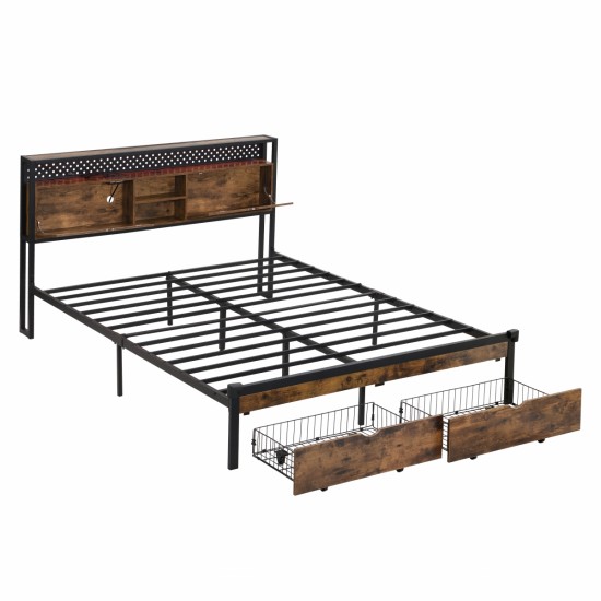 King Size Metal Platform Bed Frame with Wooden Headboard and with Footboard USB,Charging Station,2 Drawers,storage, LED Lights, No Box Spring Needed, Easy Assemble