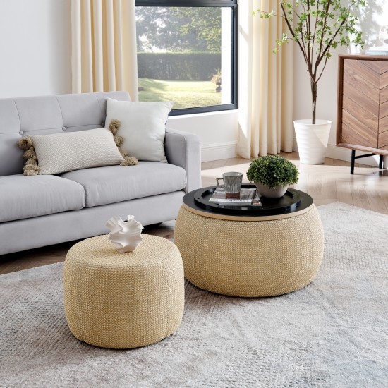 Round Storage Ottoman, Woven rattan fabric Ottoman, 2 in 1 Function, Work as End table and Ottoman,with small seat-nature(25 Inch x25 Inch x14.7 Inch )