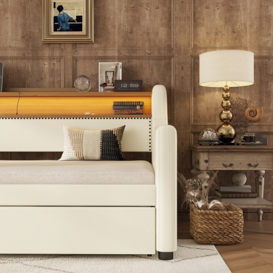 Twin Size Daybed with Trundle, Upholstered Daybed with Charging Station and LED Lights, White