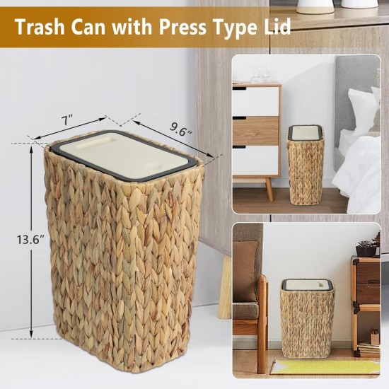 Boho Trash Can with Lid for Bathroom,2.6Gallon Small Rattan Garbage Can with Press Top Lid,Woven Wastebasket and Hamper 2 in 1 Wicker Trash Basket for Bathroom,Kitchen,Living Room,Bedroom