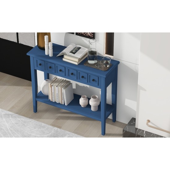 TREXM Rustic Console Table with Open Shelf, Rubber Wood Legs, Ideal for Entryways, Living Rooms, and Hallways (Navy)