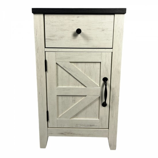 Farmhouse End Table Bedside Table with Charging Station,Night Stand with Barn Door and Drawer, Storage for Bedroom Living Room ,Bedside Table,  White+Black color