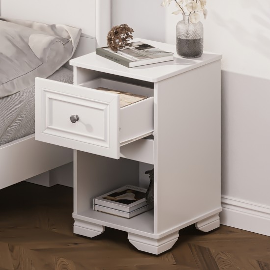 Elegant Design Nightstand with Drawer and Open Shelf for Bedroom, Retro Style Bedside Table with Classic Design and Metal Handle,White