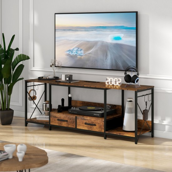 TV Stand with LED Lights Power Outlets  -  TV Stand with Fabric Drawers for 65 70 75 Inches TV - Entertainment Center and Industrial TV Console Table with Open Storage Shelves for Living Room, Bedroom