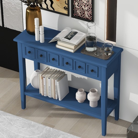 TREXM Rustic Console Table with Open Shelf, Rubber Wood Legs, Ideal for Entryways, Living Rooms, and Hallways (Navy)