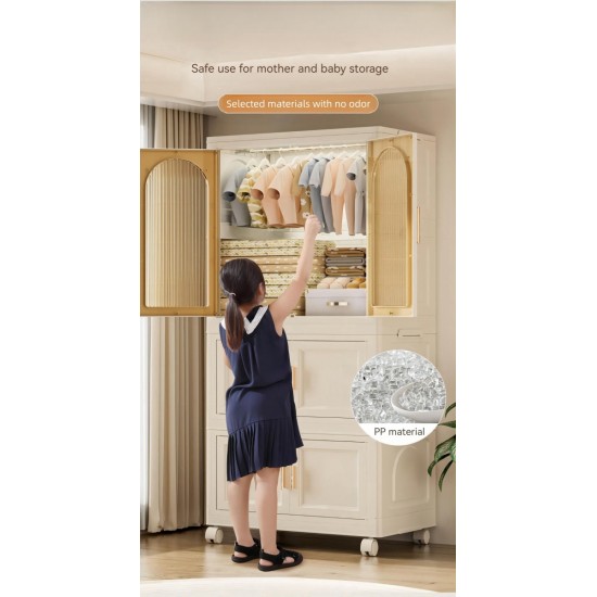 25.59 Inch  Side Wide Folding Wardrobe , 25.59 Inch ×15.75 Inch ×70.87  Inch , with Magnetic Door, Plastic Storage Cabinet with Wheels(One layer of wardrobe + Three  layers of folding boxes+10 hangers )