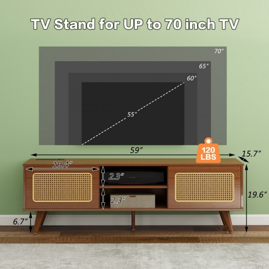 Mid Century Modern Rattan TV Stand for 55/60/65 inch TV , Entertainment Cabinet, Media Console for Living Room Bedroom Media Room, Solid Wood Feet & Rattan Cabinet Doors  (Walnut, 59 Inch )