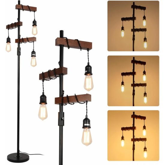 Dimmable Industrial Floor Lamp, Farmhouse Tree Floor Lamp, 68 Inch 3 Lights Wood Standing Lamp, Sturdy Base Tall Vintage Pole Light, Metal Black Floor Lamps for Living Room Bedroom Office Rustic Home