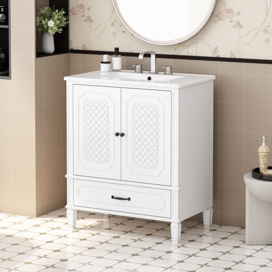 30 Inch  Bathroom Vanity with Sink Vintage Style, Multi-functional Storage Space, Door Shelf, Soft-closing Door, White