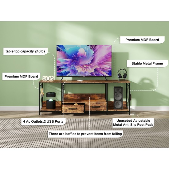 TV Stand with LED Lights Power Outlets  -  TV Stand with Fabric Drawers for 65 70 75 Inches TV - Entertainment Center and Industrial TV Console Table with Open Storage Shelves for Living Room, Bedroom