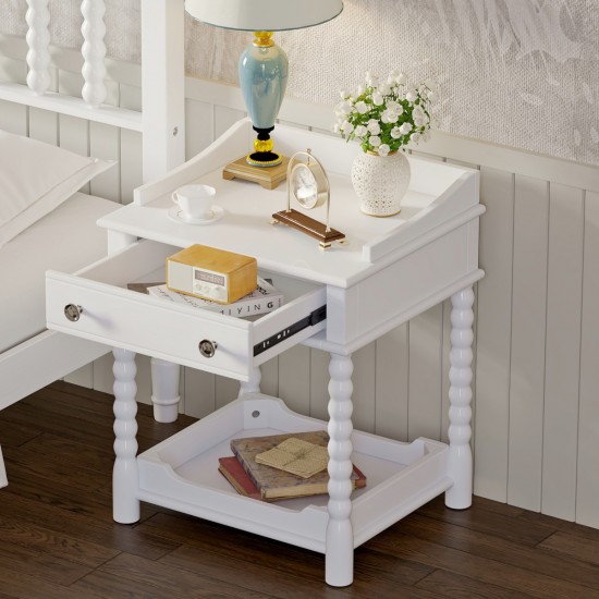 Retro Style Nightstand with Drawer and Open Shelf for Bedroom, Bedside Table with Turned Legs and Metal Handle,White