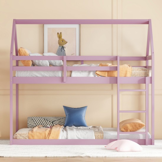 Twin over Twin Rubber Wood Floor Bunk Bed, with ladder,Guardrails,House-Shaped-Bunk Bed,Pink