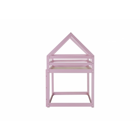 Twin over Twin Rubber Wood Floor Bunk Bed, with ladder,Guardrails,House-Shaped-Bunk Bed,Pink