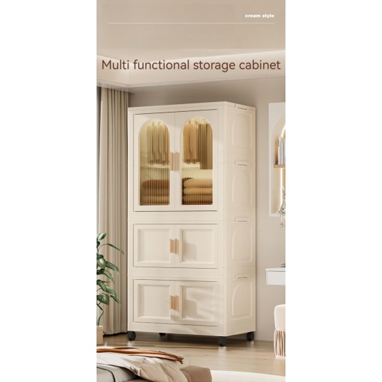 25.59 Inch  Side Wide Folding Wardrobe , 25.59 Inch ×15.75 Inch ×70.87  Inch , with Magnetic Door, Plastic Storage Cabinet with Wheels(One layer of wardrobe + Three  layers of folding boxes+10 hangers )