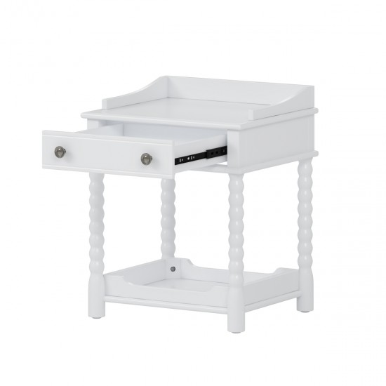 Retro Style Nightstand with Drawer and Open Shelf for Bedroom, Bedside Table with Turned Legs and Metal Handle,White