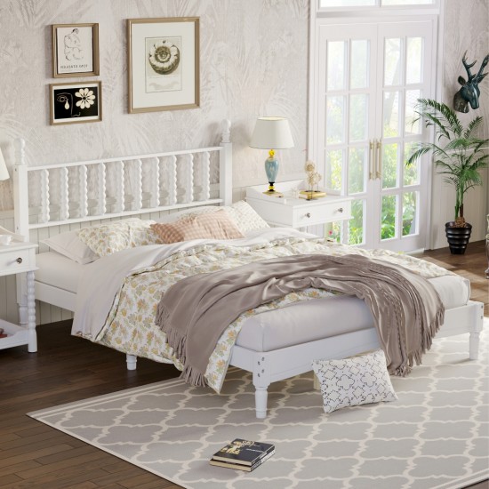 Queen Size Wood Platform Bed with Gourd Shaped Headboard,Retro Style Platform Bed with Wooden Slat Support,White