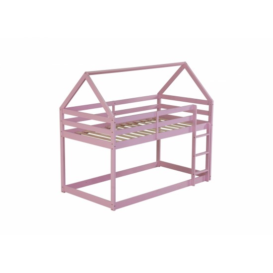 Twin over Twin Rubber Wood Floor Bunk Bed, with ladder,Guardrails,House-Shaped-Bunk Bed,Pink