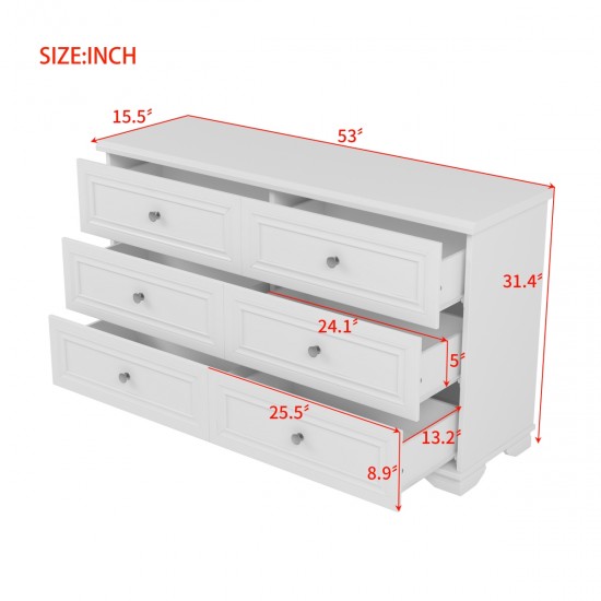 6 Drawers Elegant Design Wooden Dresser, Retro Style Storage Cabinet with Metal Handles for Bedroom, White