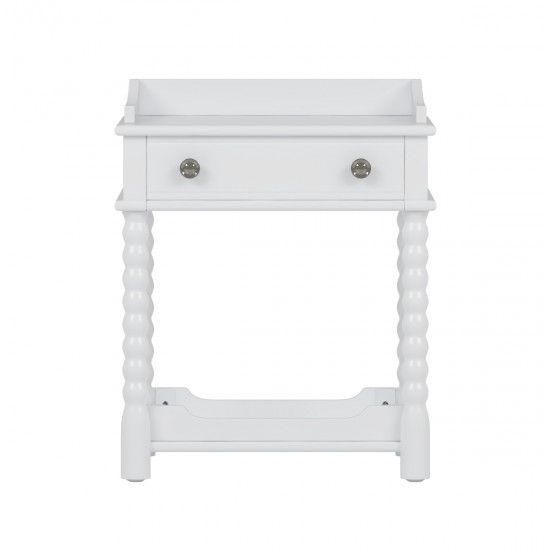 Retro Style Nightstand with Drawer and Open Shelf for Bedroom, Bedside Table with Turned Legs and Metal Handle,White