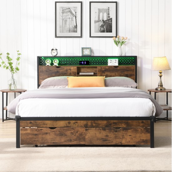 King Size Metal Platform Bed Frame with Wooden Headboard and with Footboard USB,Charging Station,2 Drawers,storage, LED Lights, No Box Spring Needed, Easy Assemble