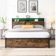 King Size Metal Platform Bed Frame with Wooden Headboard and with Footboard USB,Charging Station,2 Drawers,storage, LED Lights, No Box Spring Needed, Easy Assemble