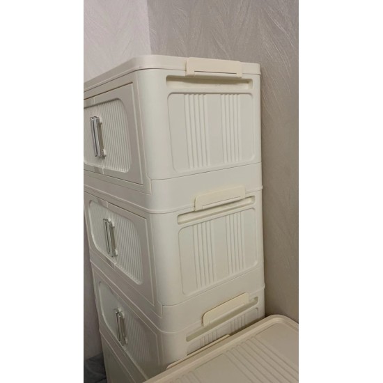 Cream White 19.69 Inch  Side Wide Folding Storage Cabinet ,3 Tiers,19.69 Inch ×11.81 Inch ×31.1 Inch ,Collapsible Storage Bins with Magnetic Door, Plastic Storage Cabinet with Wheels