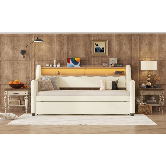 Twin Size Daybed with Trundle, Upholstered Daybed with Charging Station and LED Lights, White