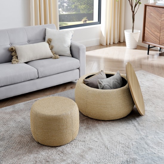 Round Storage Ottoman, Woven rattan fabric Ottoman, 2 in 1 Function, Work as End table and Ottoman,with small seat-nature(25 Inch x25 Inch x14.7 Inch )